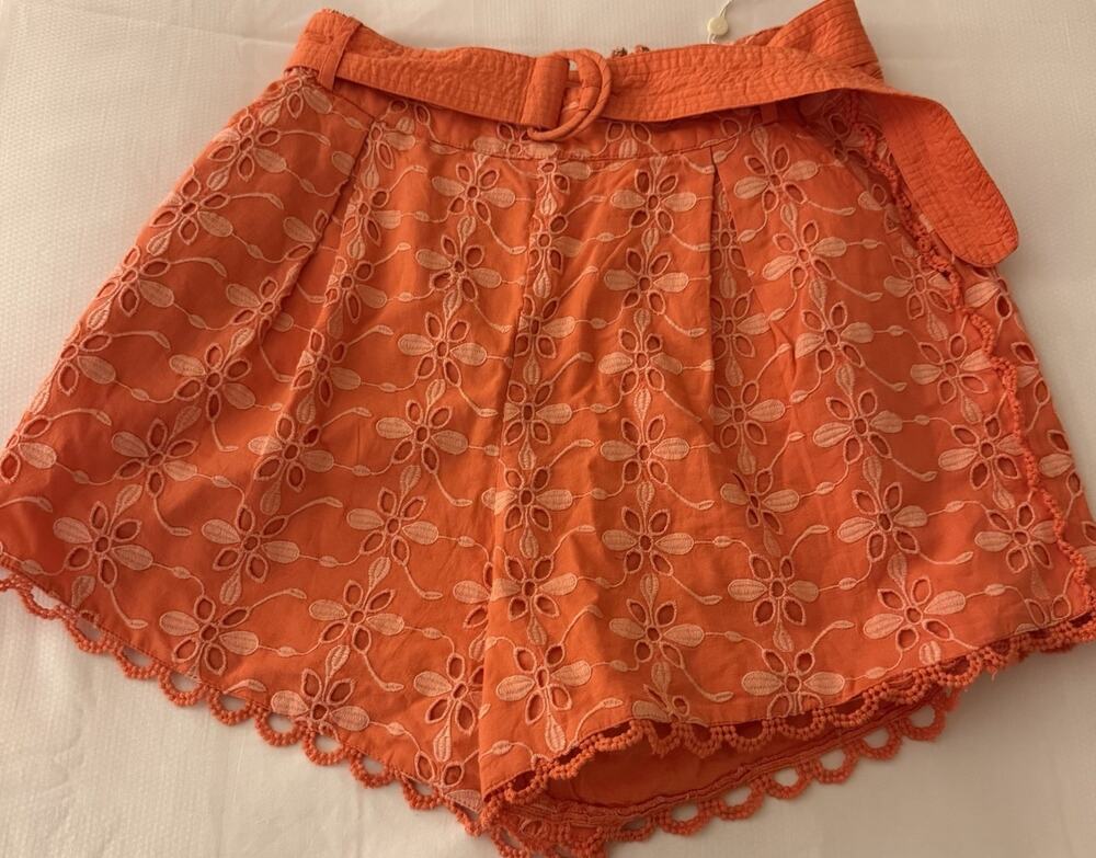 Shore Lena Belted Coral Amber Eyelet Shorts Small Resort Beach Vacation NWT $134